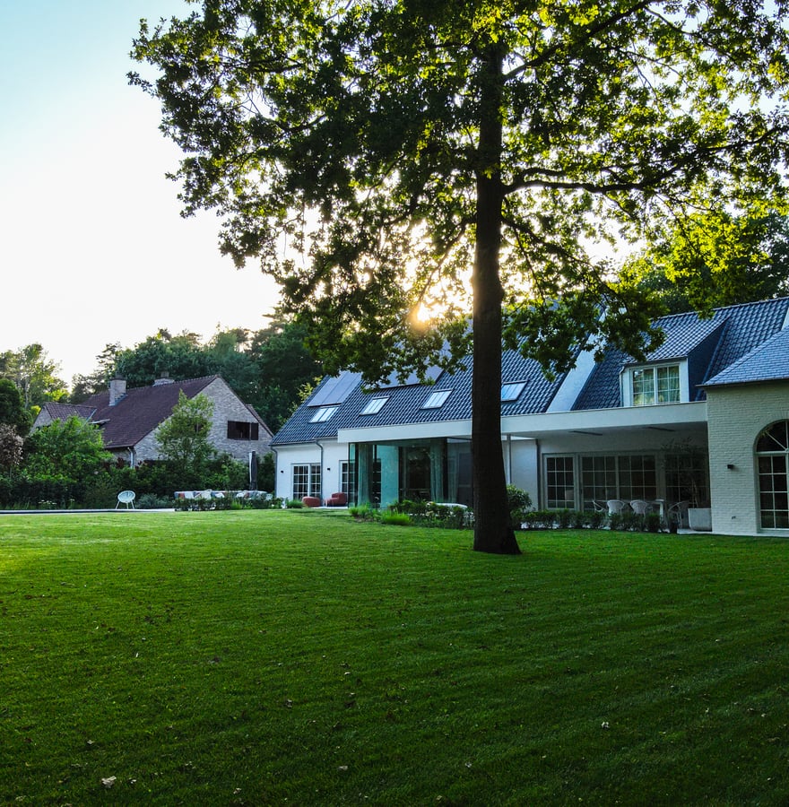 moderne woning met grote tuin en zonlicht door bomen